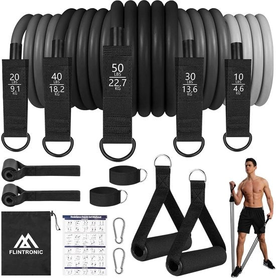 Set di cinture di resistenza, cinture elastiche TPE con 5 tubi di fitness, 2 maniglie di schiuma, 2 cinture singole, 2 anelli di serraggio, 2 ganci di carabina, per allenamento di forza, fitness, pilates yoga (grigio)