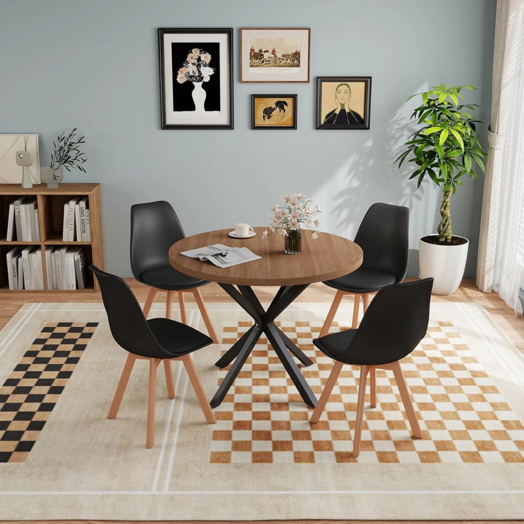 GrandCA HOME Set da pranzo Tavolo da pranzo con 4 sedie, Tavolo da pranzo rotondo in legno 100 * 100 * 75 cm, 4 sedie con schienale alto, Gambe in legno di faggio, (Marrone scuro + Nero)