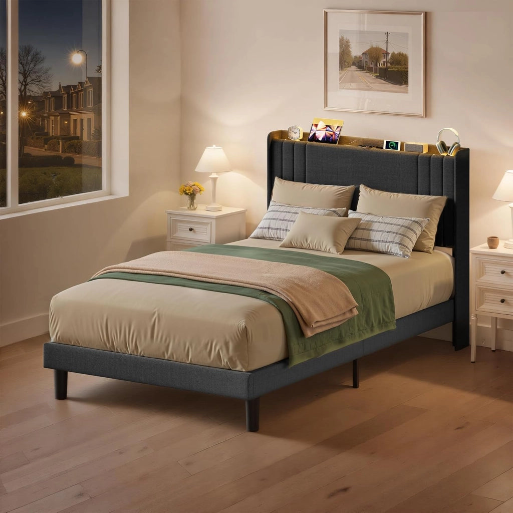Letto imbottito con luce LED 120 x 200 cm，Piattaforma Struttura letto (2 Prese CA 2 Porte USB), Per le camere degli ospiti e le camere da letto (Grigio scuro)