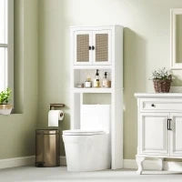 Mobile sopra Inodoro con 2 Porte con Frontale di Rattan Vano e Ripiano Regolabile 60x19,5x160 cm Bianco
