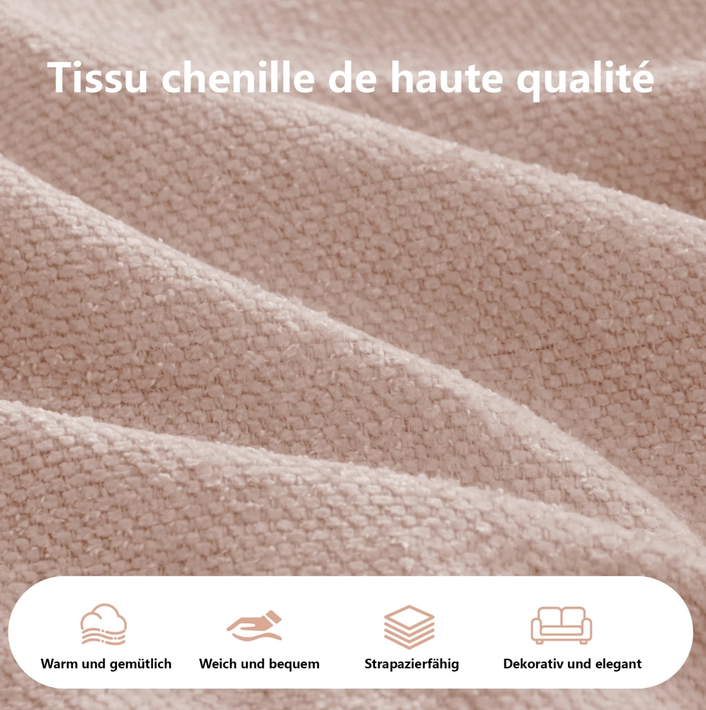 Divano modulare doppio in tessuto chenille rosa con chaise longue extra profonda e cuscini inclusi