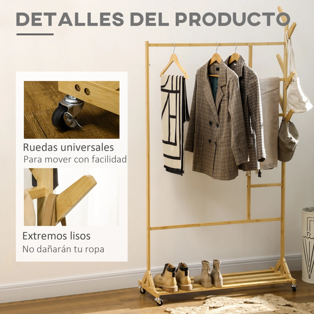 Appendiabiti Multifunzione con Ruote e Ripiano ¨C Zephmum ¨C Legno di Bamb¨´ Naturale 100x37x191 cm