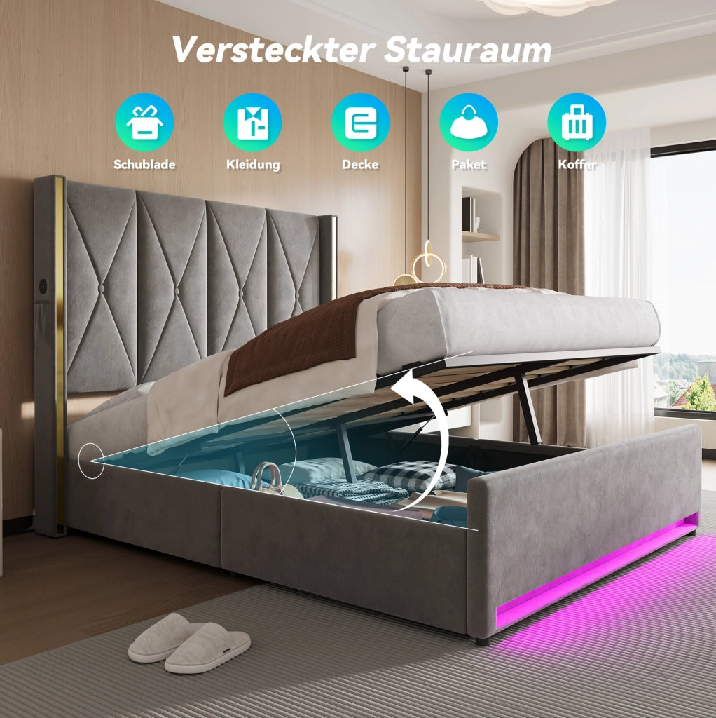 Letto contenitore 160x200 cm in velluto grigio scuro con LED e USB