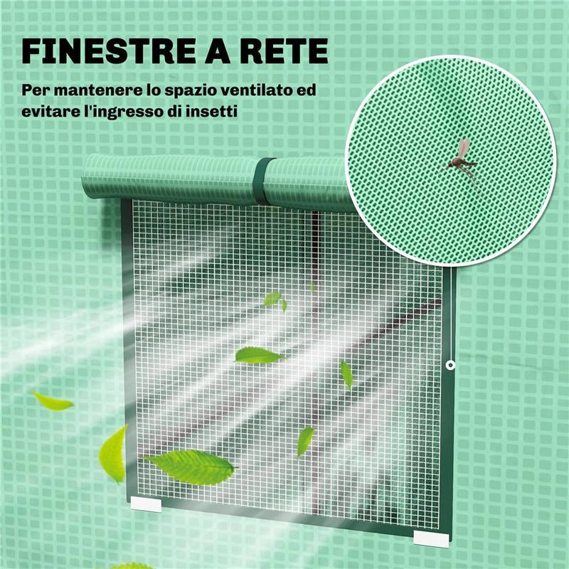 SERRA PER PIANTE CON 2 FINESTRE LATERALI A RETE E INGRESSO AVVOLGIBILE, IN PE E ACCIAIO, 196X77X197 CM, VERDE