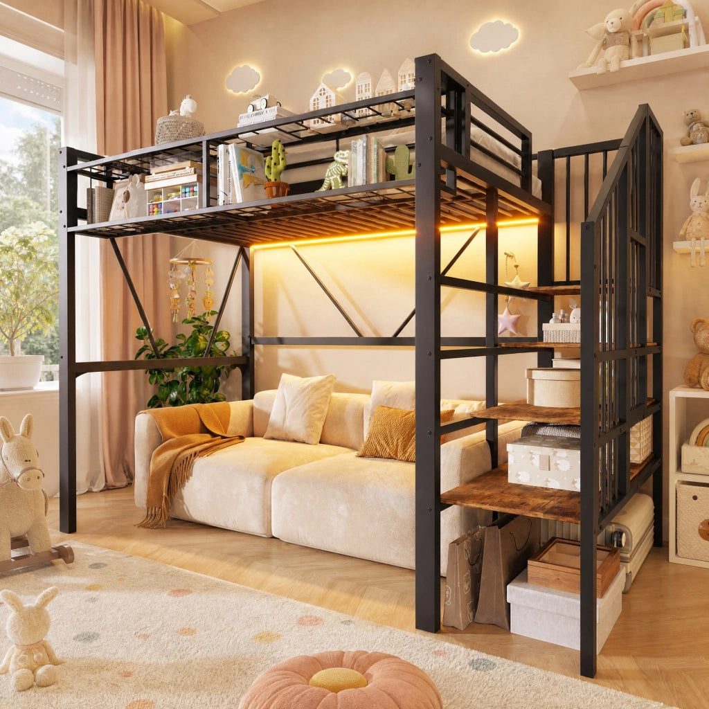 Letto a soppalco 90x200 cm in metallo e MDF con scala a ripiani e LED nero