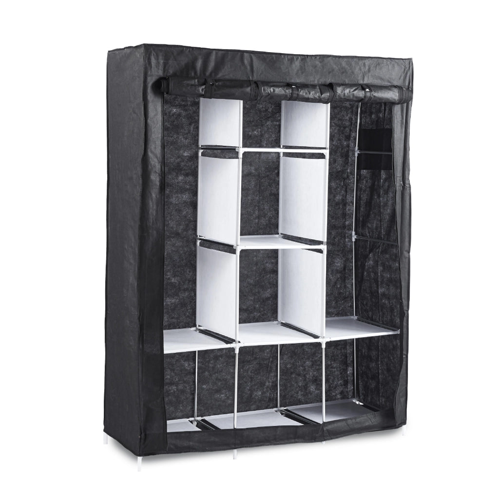 Armadio Guardaroba in Tessuto 128x45x170 cm con Ripiani e Barra Appendiabiti, Struttura in Metallo, Chiusura con Zip, Colore Nero