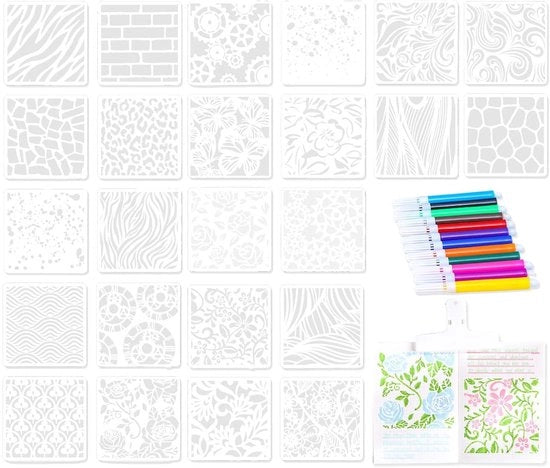 Set di stencil per decorazione di parete 24 pezzi stencil geometrici 10x10cm con 12 pennelli a colori riciclabili stencil di plastica riutilizzabili per artigianato, DIY, legno, mobili, pareti facile creatività