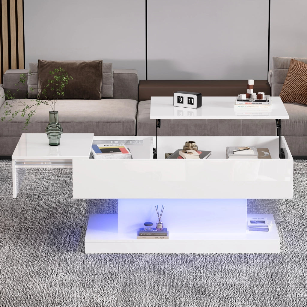 Tavolino da caffè 100x50x45 cm; piano sollevabile e scorrevole con LED; truciolare bianco