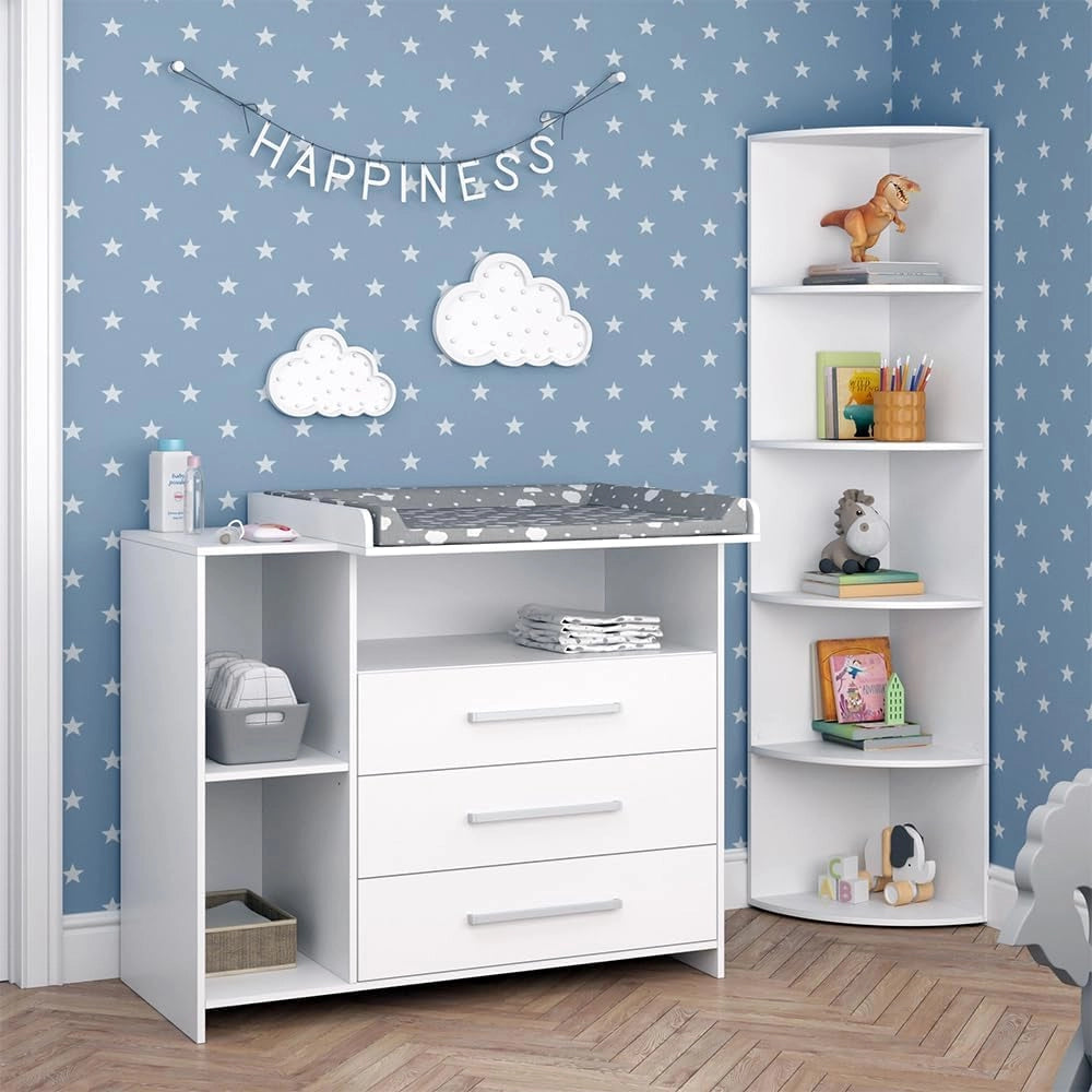 Set per cameretta Oskar, Bianco, 2 parti, con fasciatoio e ripiano per giocattoli, convertibile in una normale cassettiera dopo la rimozione del fasciatoio