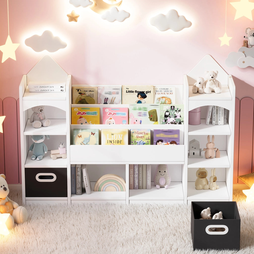 Libreria per bambini con 2 scatole pieghevoli, design a castello, bianco, MDF