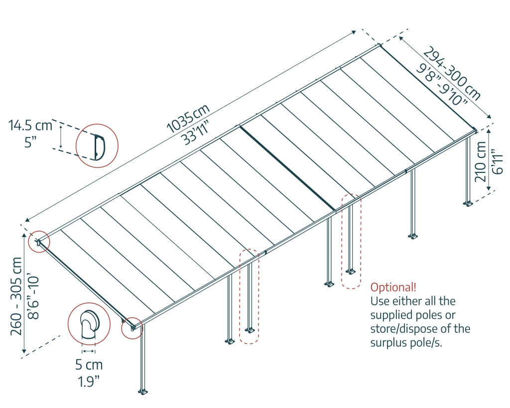 Pergola Addossata in Alluminio Feria  3X10.4 m colore Grigio