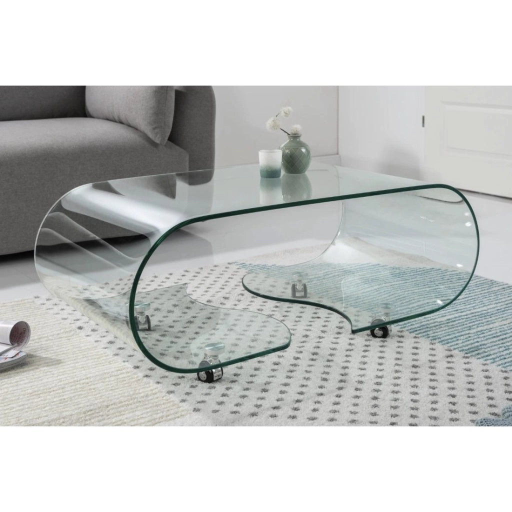Tavolino basso HOLOW con ruote - Tavolino basso design asimmetrico in vetro temperato