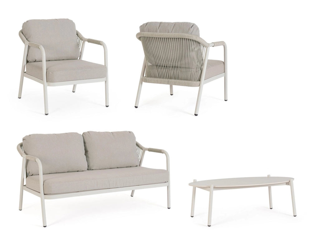 Set 4 Pezzi Salotto da Giardino con Divano 2 Poltrone e Tavolino in Alluminio Corda Poliestere e Pietra Sinterizzata