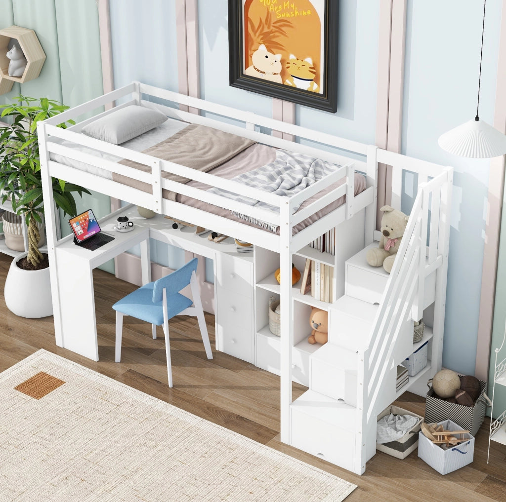 Letto a soppalco ULEVR 90x200 cm con scrivania, cassetti, ripiani e scaletta contenitore, bianco