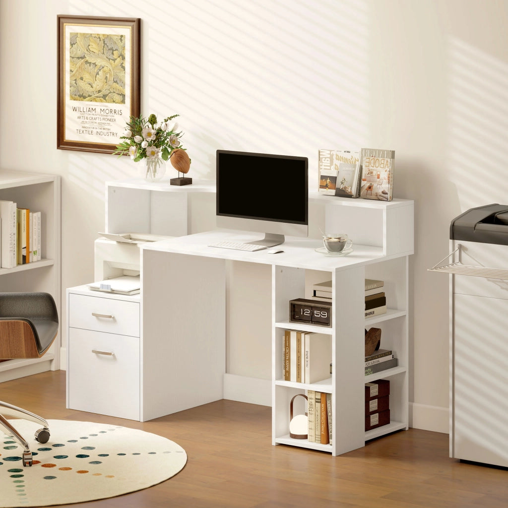 Scrivania per Computer con 2 Cassetti e Ripiano per Stampante, Bianco, 137x55x92cm, per Casa e Ufficio