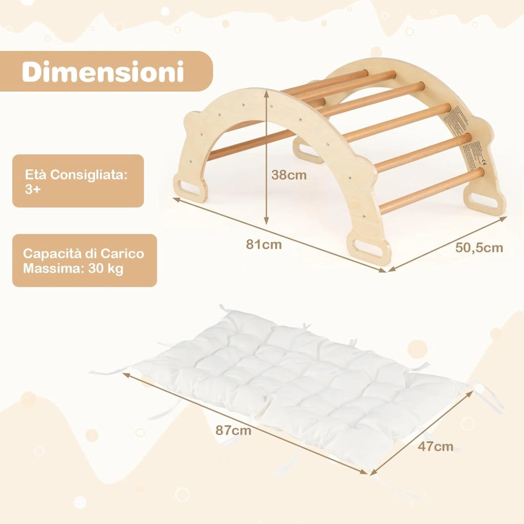 Arco da Arrampicata per Bambini, 3 in 1 Altalena ad Arco in Legno con Cuscino Morbido, Doppia Faccia, Ideale per Bambini 3+ Anni (Stile 2 Naturale)
