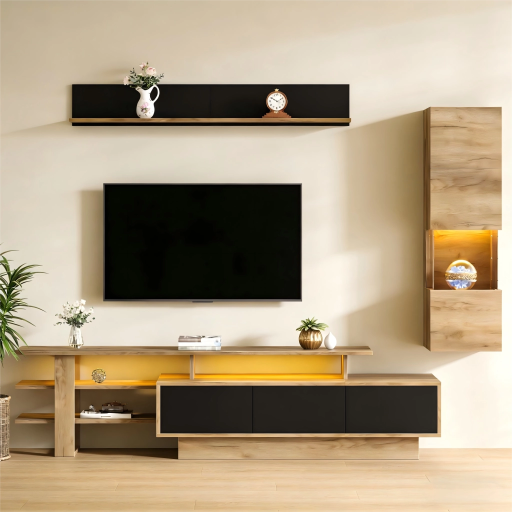 Cassettiera TV in MDF e acrilico; nero e legno naturale; lunghezza 180 cm