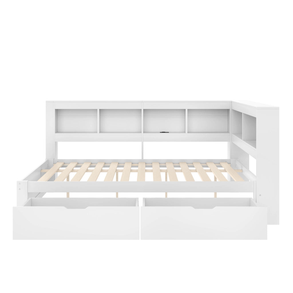 Letto a Divanetto 140x200 cm con Prese; 2 Porte USB; 2 Cassetti; in MDF e Pino; Bianco