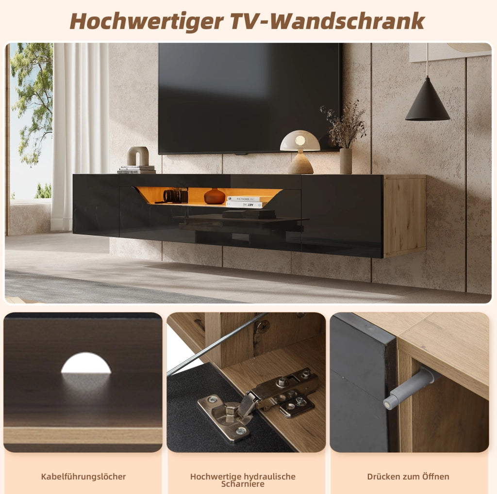 Mobile TV sospeso 180 cm con LED, 3 vani e frontale lucido nero/legno