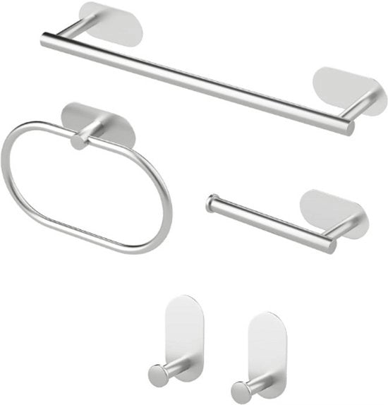Accessori da Bagno a 5 pezzi - Set da Appendere - Appoggio per Cartucce e Asse da Asciugamano - RVS 304 - Argento