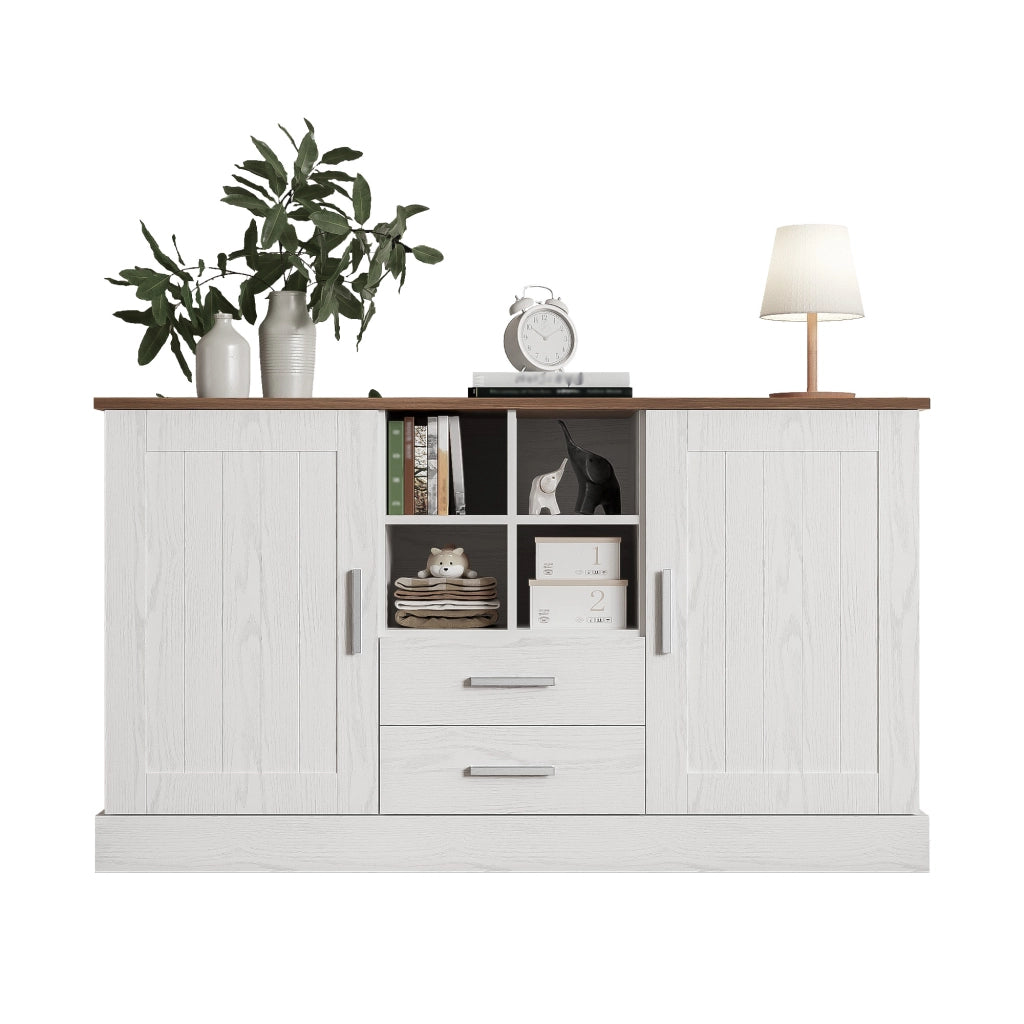 Credenza 2 Ante 2 Cassetti ¨C MINIMAL ¨C Bianco e Marrone Effetto Legno 140x40x79,5 cm