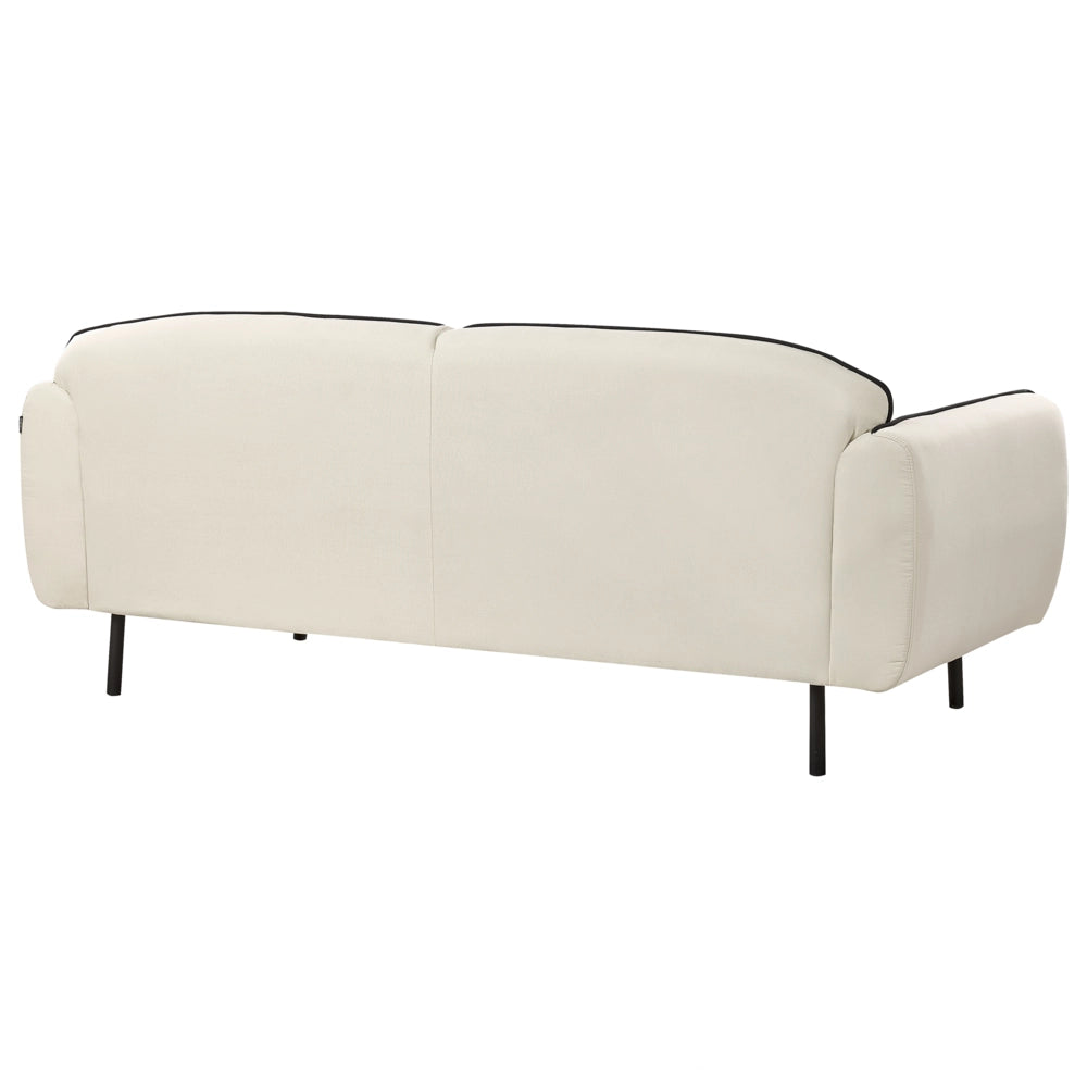 Divano a 3 posti Tessuto beige chiaro Morbido Nubby Gambe in metallo Bordi decorativi neri Stile retro Glam Art Decor