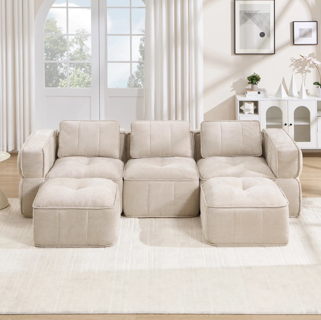 Divano modulare a U 271x162x67 cm in poliestere beige con seduta profonda e senza montaggio