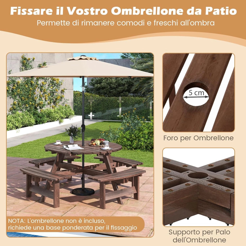Set Tavolo da Giardino con 4 Panche Integrate, Legno Massiccio, con Foro Ombrellone, per 4-8 Persone, Tavolo Rotondo da Picnic per Esterno, Ogni Panca Porta 250 kg (Marrone, 179 x 179 x 70 cm)