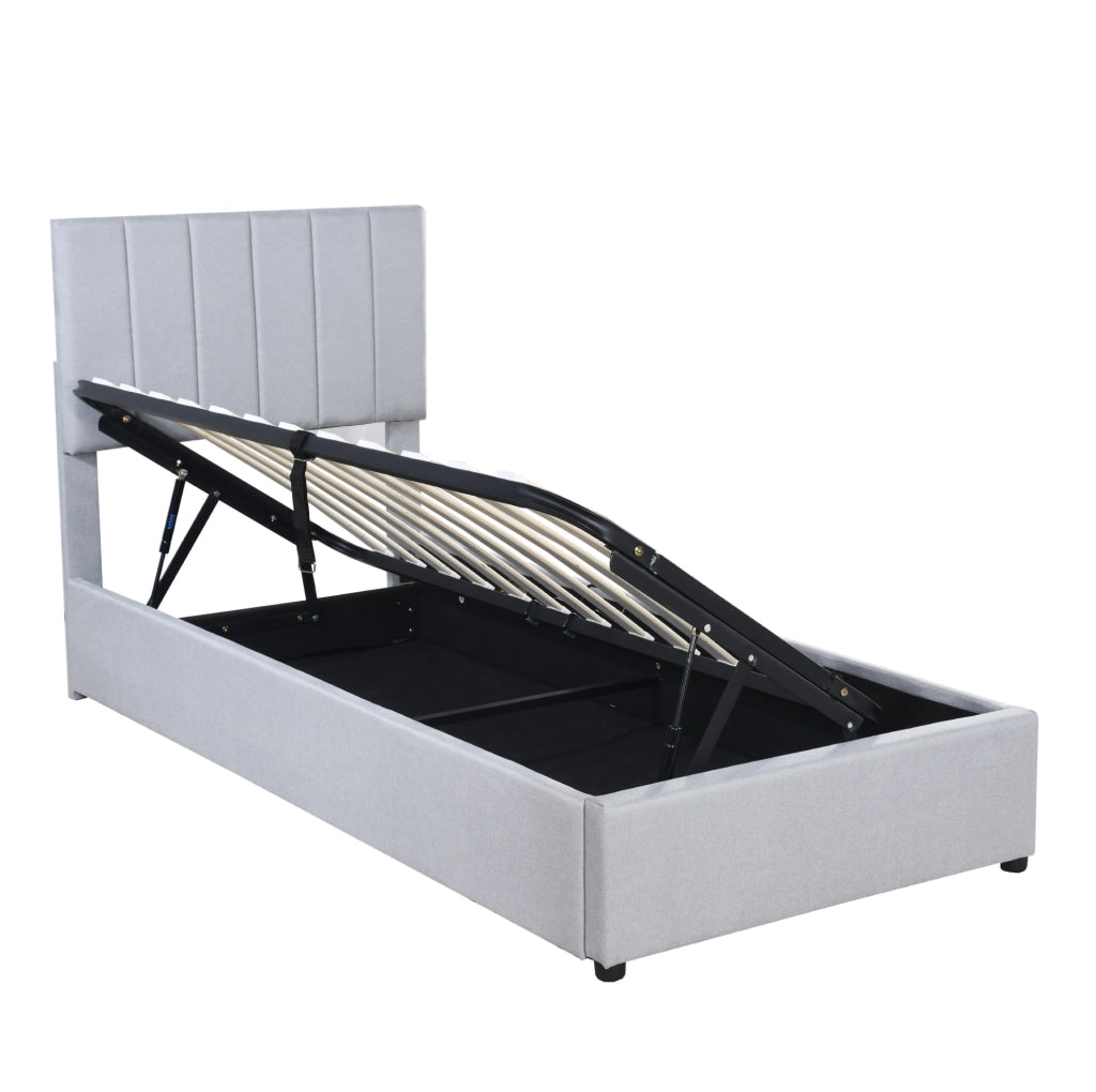 Letto imbottito 90x200 cm con contenitore idraulico; tessuto di lino grigio
