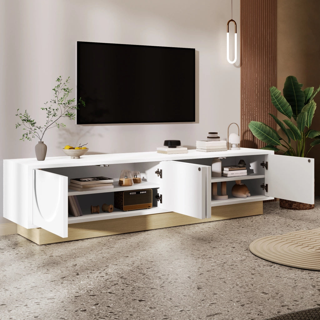 Mobile porta tv bianco con 4 ante e 2 ripiani, design curvo, per soggiorno, in MDF, 175 × 40 × 41,5 cm