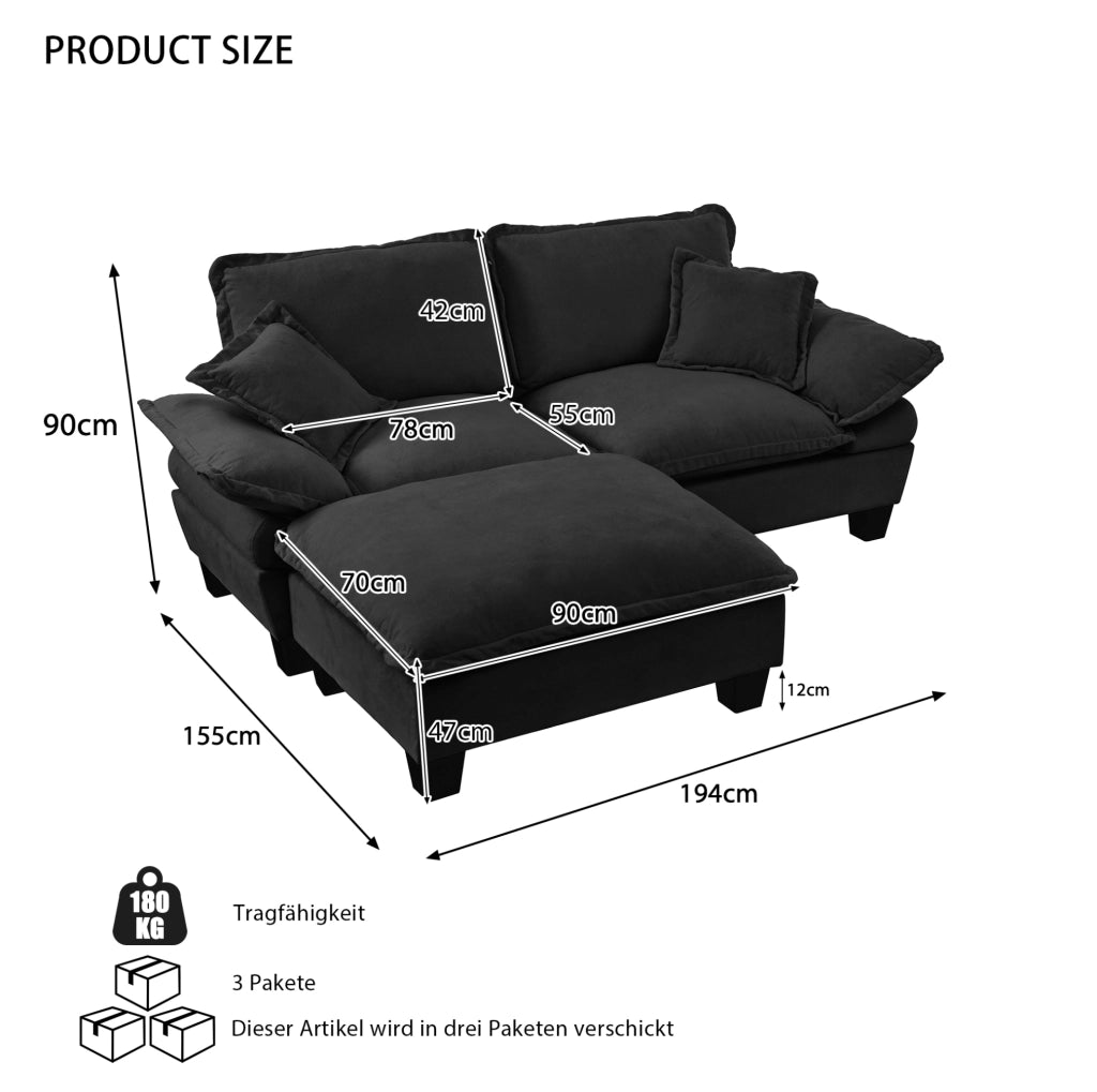 Divano modulare angolare Cloud in Chenille nero con ottomano mobile e 2 cuscini