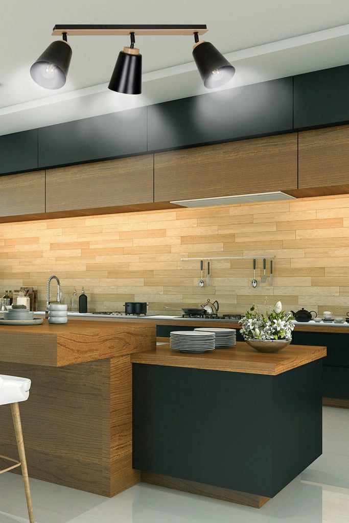 Plafoniera Emibig Atlas 3, 3xE27 nera legno 90cm orientabile
