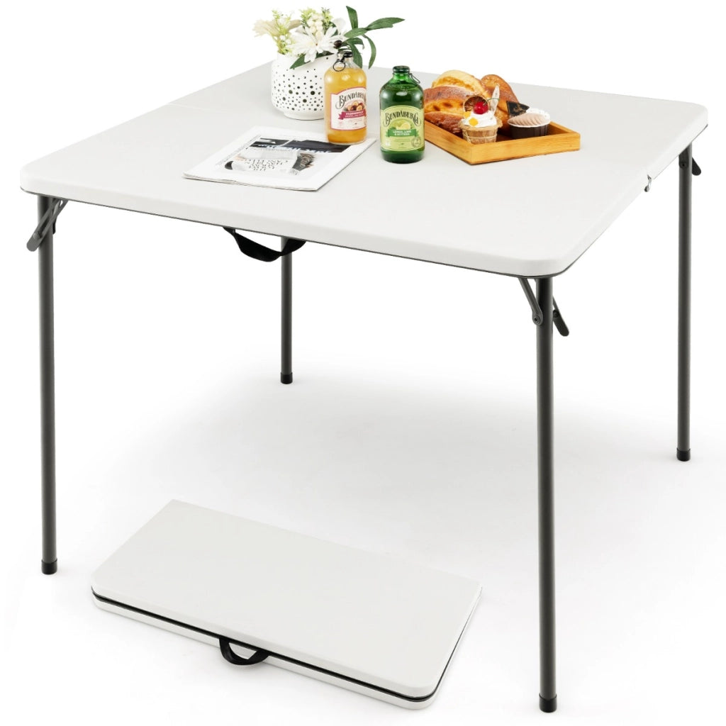 Tavolo da campeggio pieghevole con maniglia e piano in HDPE resistente, Tavolino da pranzo leggero per esterni Bianco-Tavoli da esterno