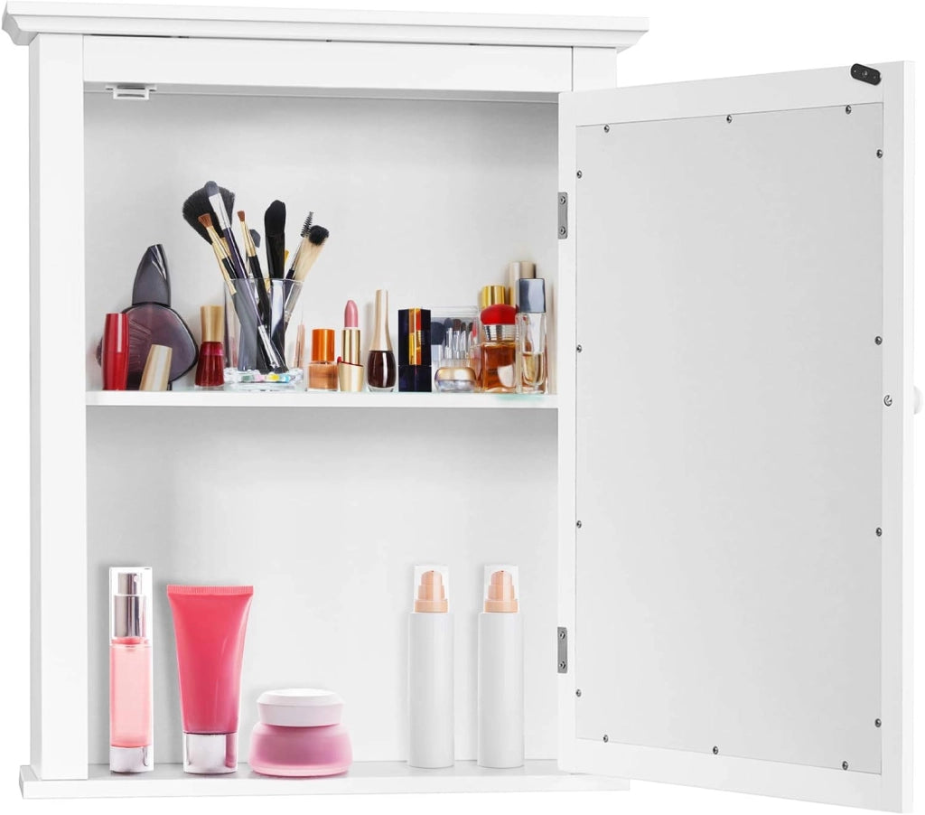 Armadietto a Specchio per Bagno, Mobiletto a Muro in MDF, con Ripiano Regolabile in Altezza, Pensile a Parete, 56 x 15 x 69 cm, 4 Colori (bianco)