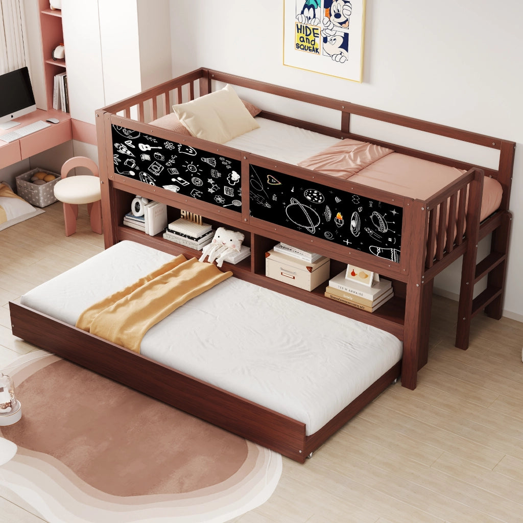 OKWISH Letto a Casetta 90×200 cm, Letto Singolo con Letto Estraibile, Lavagna, Ripiani e Scala, senza Materasso, in Legno, Marrone