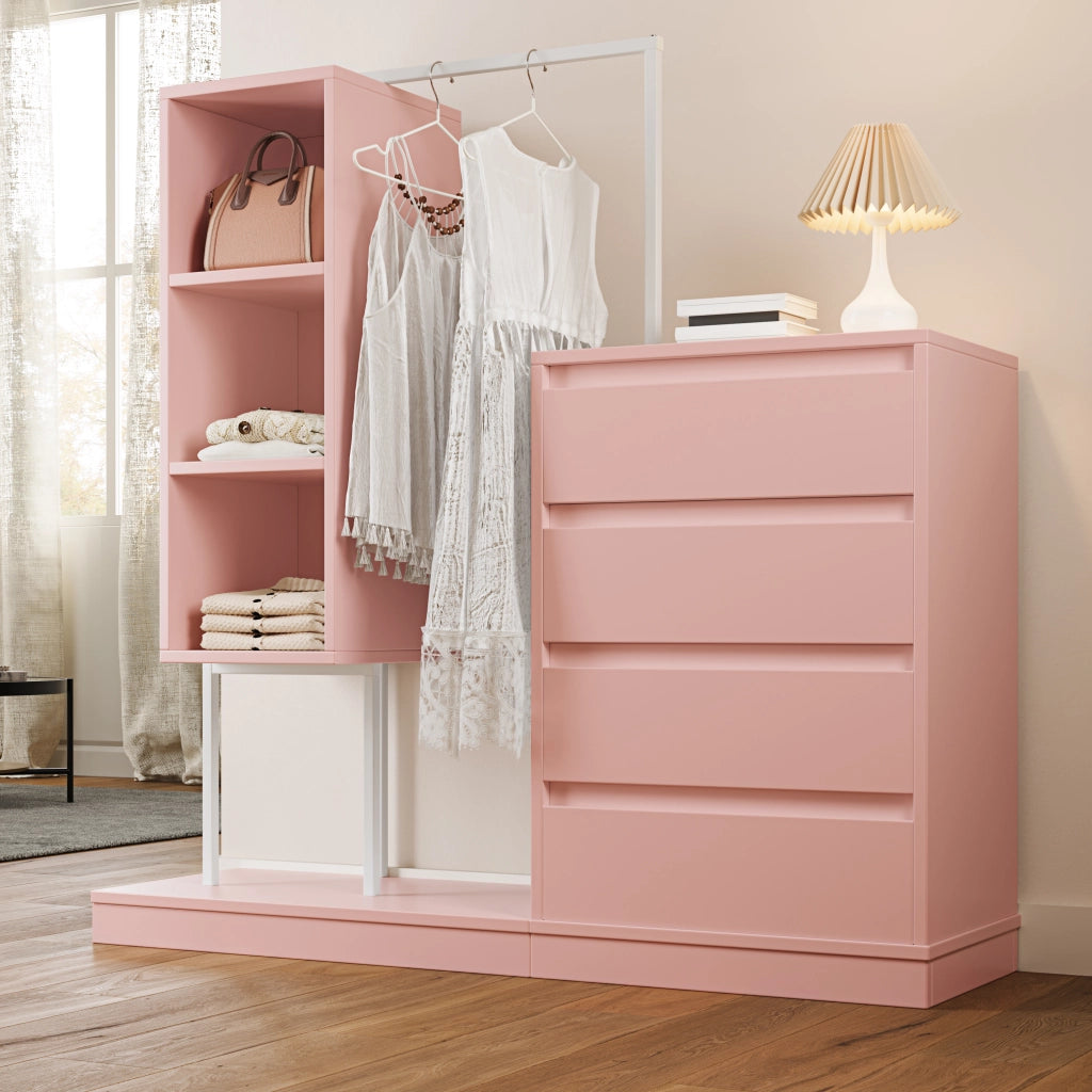Armadio con 4 cassetti e 3 vani aperti, per ingresso, soggiorno e camera, in truciolare e metallo, rosa, 140 × 40 × 135 cm