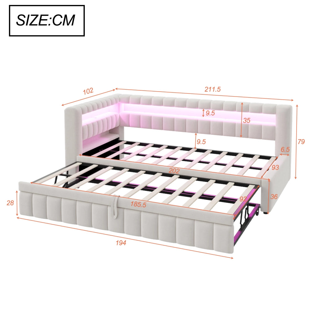 Divano letto estraibile 90x200 cm con LED e USB-C beige