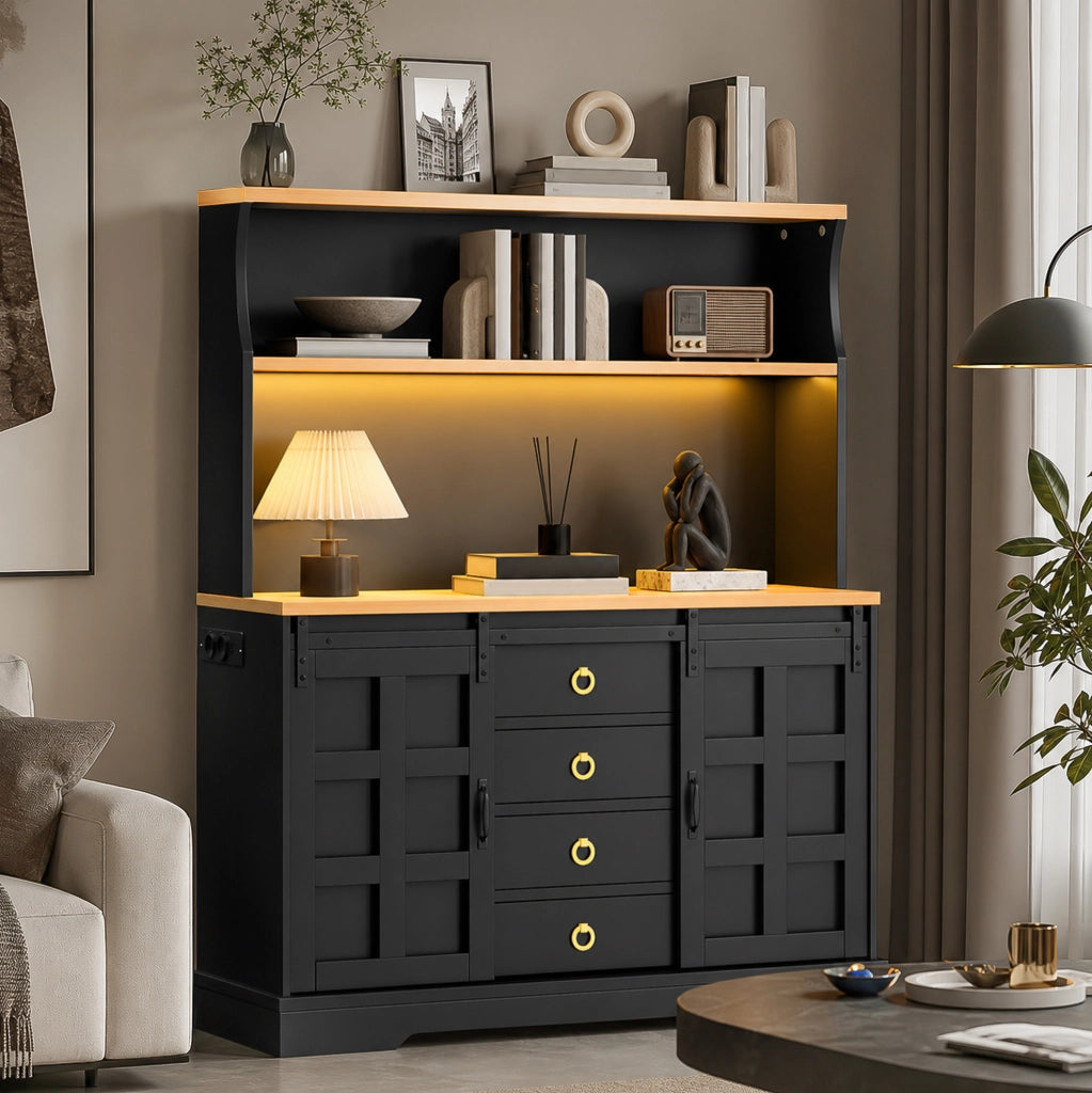 Mobile cucina multifunzione con LED; prese USB e 2 ante scorrevoli; 120x40x150 cm; nero