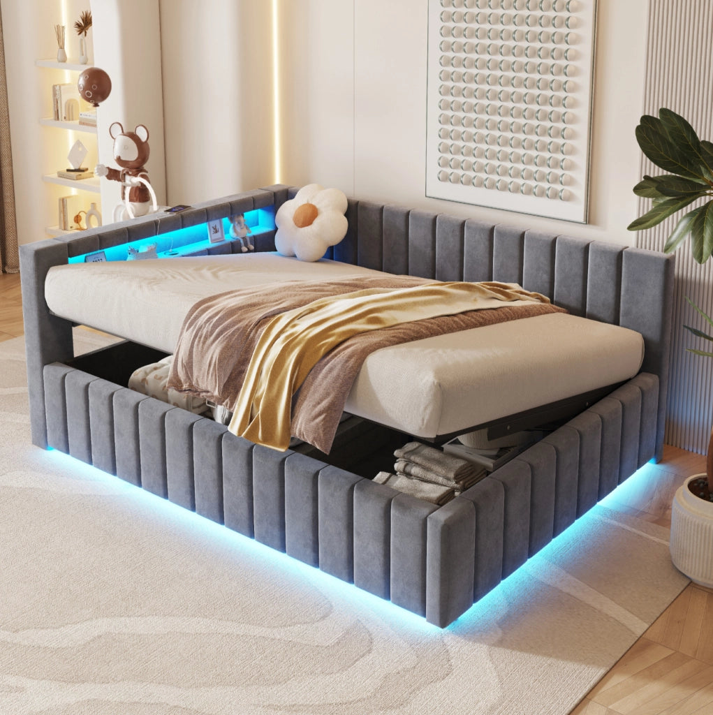 Letto imbottito 140x200 con contenitore idraulico, LED e USB