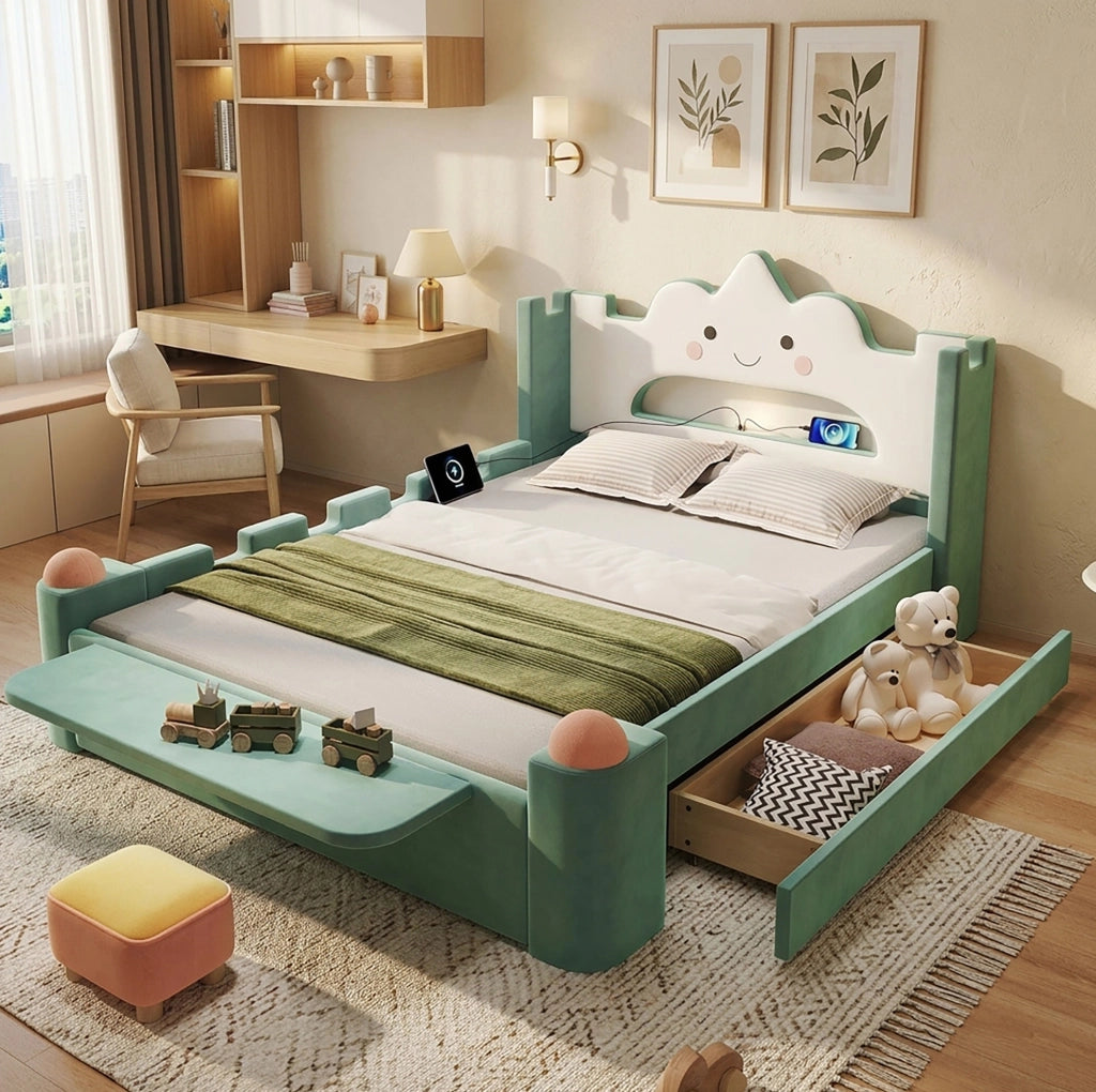 Letto imbottito per bambini con lampada LED e USB, contenitore e schienale a forma di nuvola