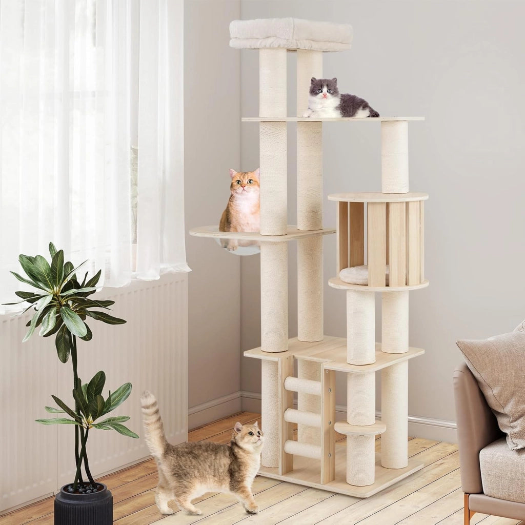 Albero per Gatti Alto 185 cm. Tiragraffi per Gatti in Plywood Solido con Condo, Posto d’Osservazione, Capsula Spaziale, Posti per Graffiare, Scala a 3 Gradini, Mobili per Animali da Interno