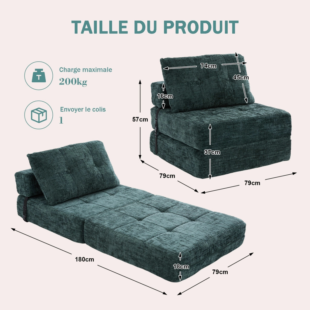OKWISH Divano Letto Pieghevole con Schienale e Cuscini per Testa e Zona Lombare, Salvaspazio, Ciniglia Verde Smeraldo