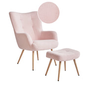 Sedia Wingback con ottomana Tessuto boucle rosa pastello con bottoni e motivo a tinta unita Stile retrò per il soggiorno
