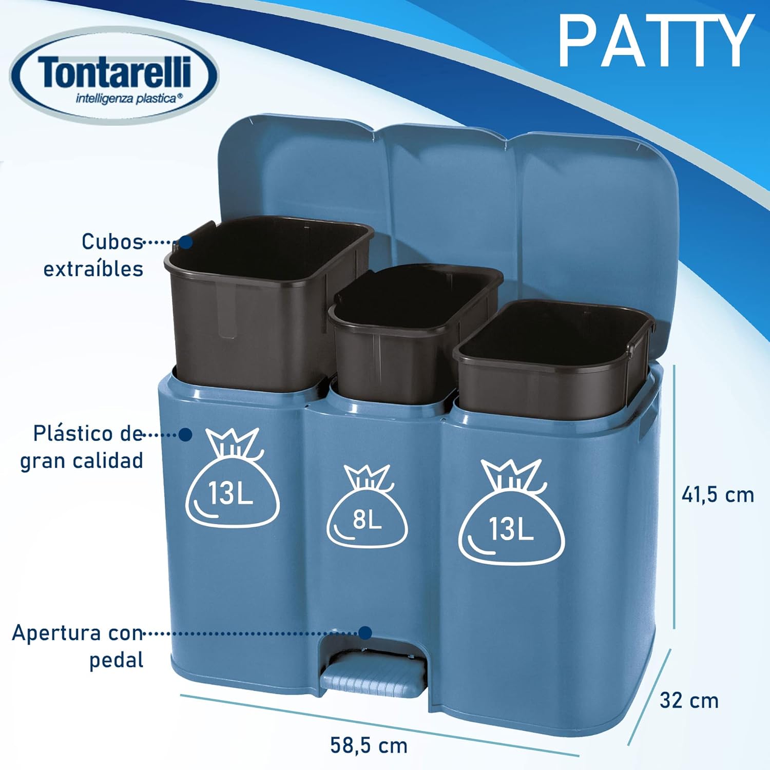 PATTUMIERA DIFFERENZIATA PATTY 3 LT.13+8+13  cm.58,5x32x41,5h. lt.13+8+13 azzurra    TONTARELLI