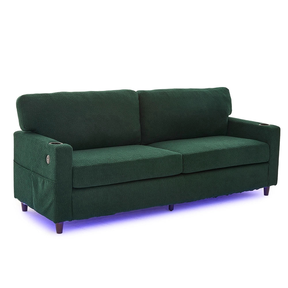 Divano 2 posti - Xylo - Chenille, LED, USB-C, porta bicchieri, verde smeraldo