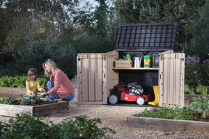 Baule porta attrezzi da esterno in resina effetto legno con doppia anta Store It Out Midi beige marrone Keter