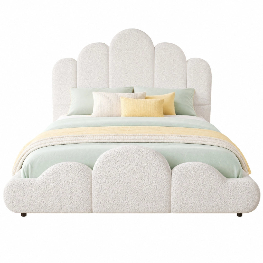 Letto Singolo 140x200 cm; con testiera imbottita; angoli arrotondati; bouclé beige