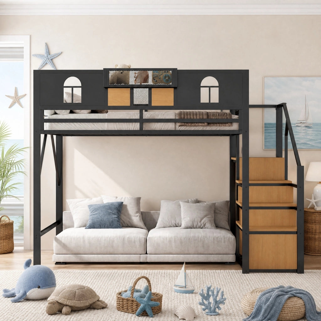 LETTO a soppalco 140x200 cm in metallo nero con scala contenitore