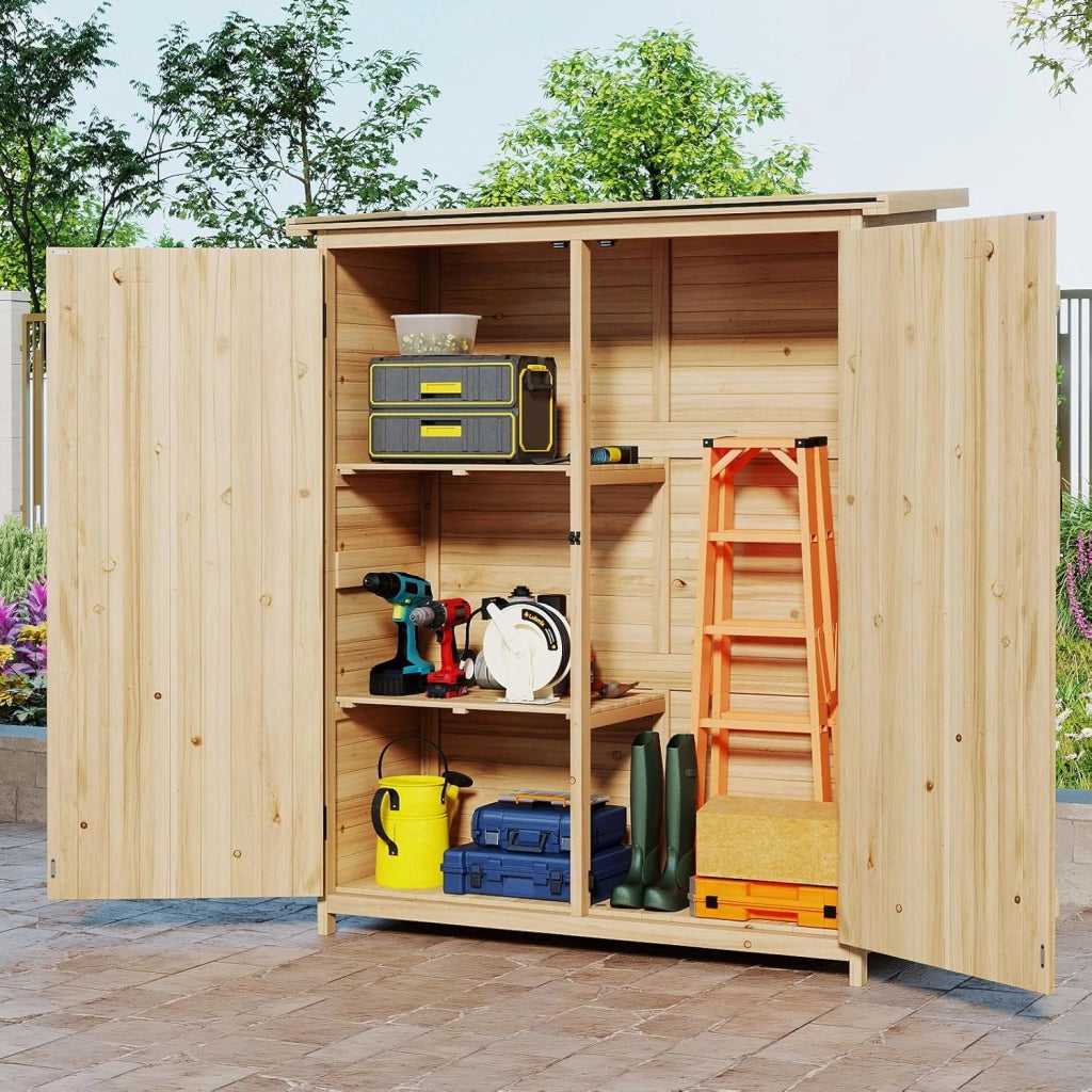 Armadio da Esterno in Legno Massello, Casetta Porta Attrezzi per Esterno con 2 Ripiani Rimovibili, Porte Bloccabili e Tetto Inclinato in Asfalto Impermeabile per Giardino, Cortile e Patio