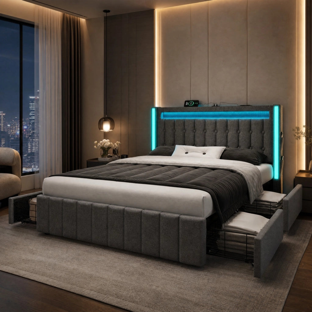 Letto matrimoniale imbottito 140x200 cm con LED, ricarica USB/Type-C e 4 cassetti, grigio